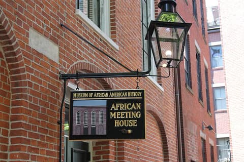 The meeting house’s brick facade