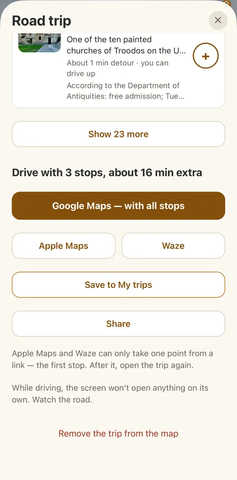 Three stops, about 16 min extra, and the “Google Maps — with all stops” button