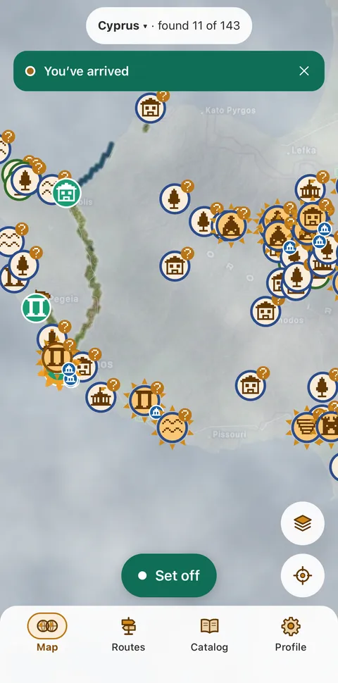 Map of western Cyprus under the fog with the Set off button