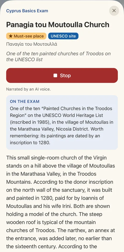 Panagia tou Moutoulla Church card with the story read aloud