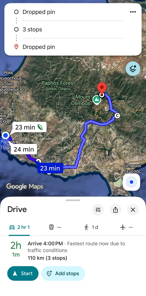 Google Maps ведёт через три остановки: 110 км